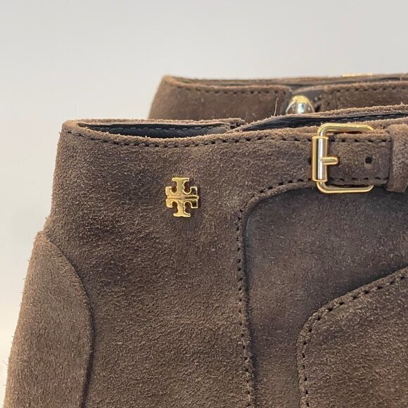 TORY BURCH Leather Milan Wedge Bootie Belted Gold Logo Size 7.5 - Picture 7 of 13